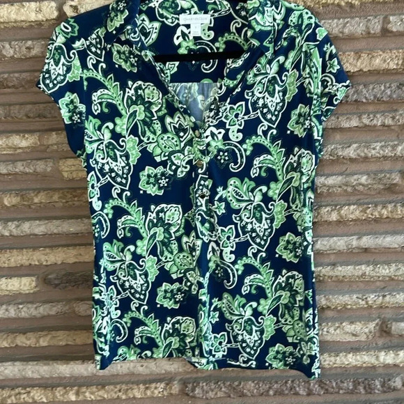 Charter Club Blue Green Scroll Pattern Jersey Knit Short Sleeve Top Size Small - Picture 5 of 7